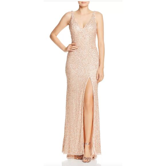 Mac Duggal Dresses & Skirts - Mac Duggal Sequined Sleeveless V Neck Side Slit Gown, Sz 16, Nude / Rose Gold